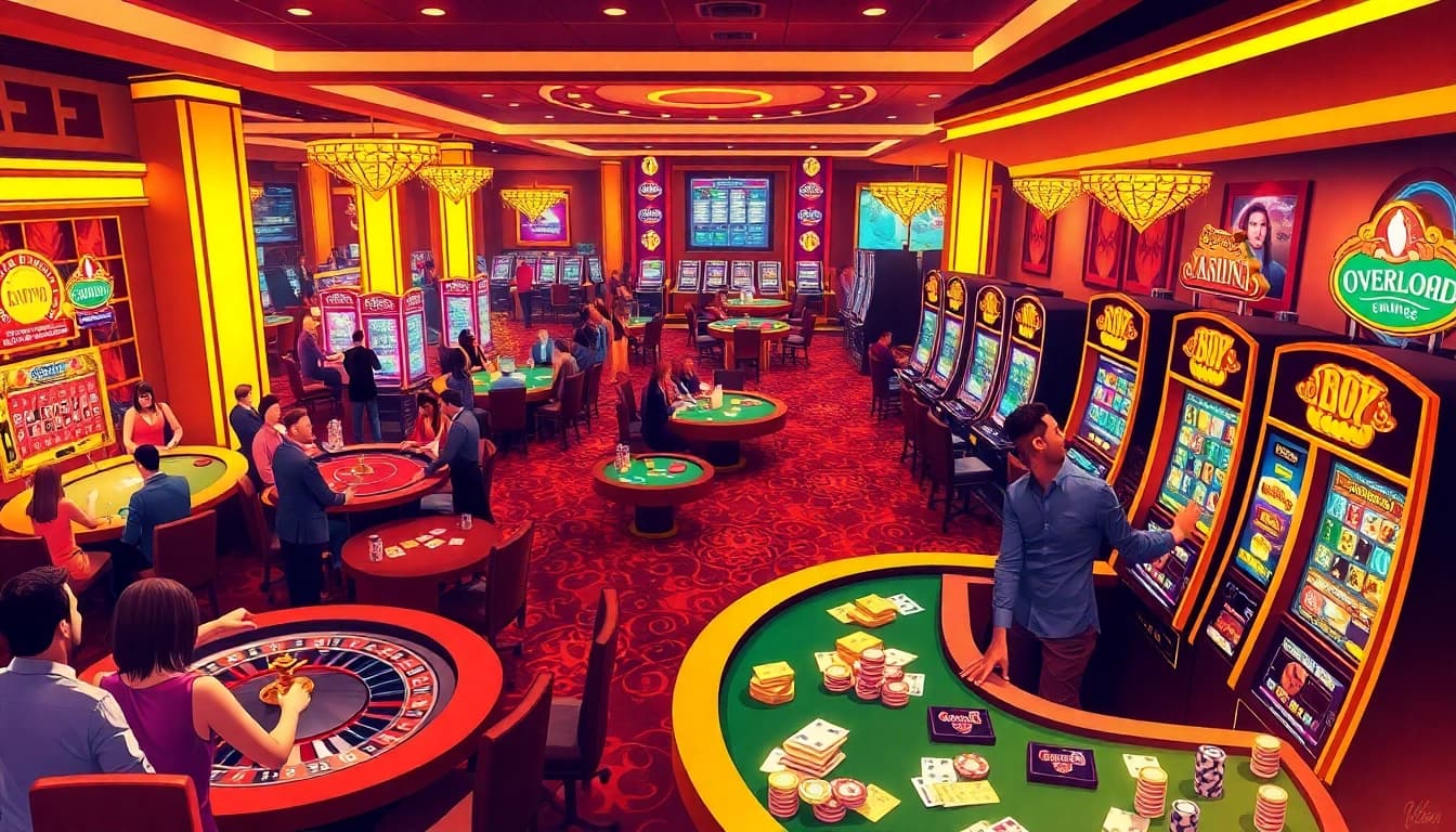 Players enjoying their time at Overload Casino with vibrant slot machines and roulette tables.