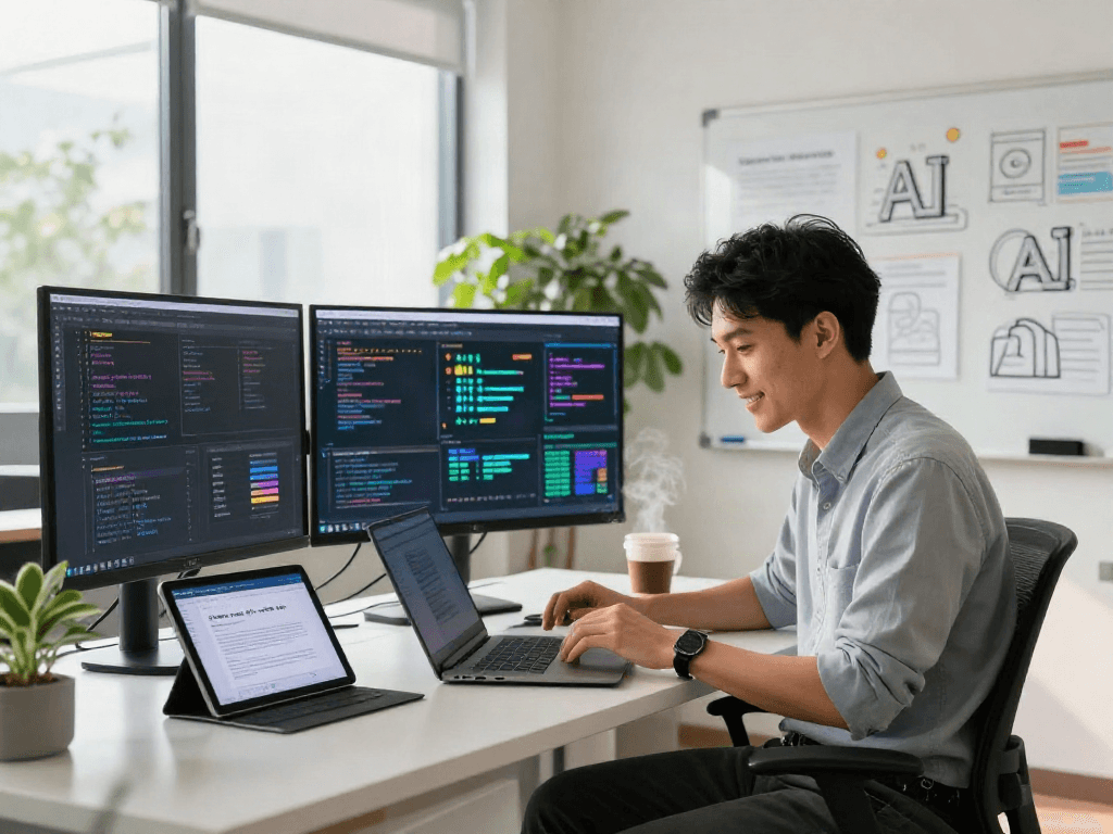 AI workspace featuring a data scientist reviewing AI algorithms, illustrating revolutionary juicy ai trends.