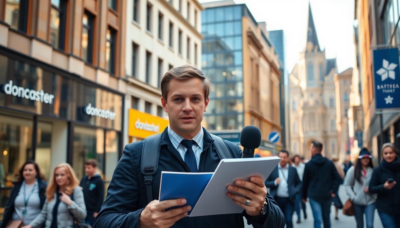 Report on doncaster breaking news in vibrant urban setting with live reactions.