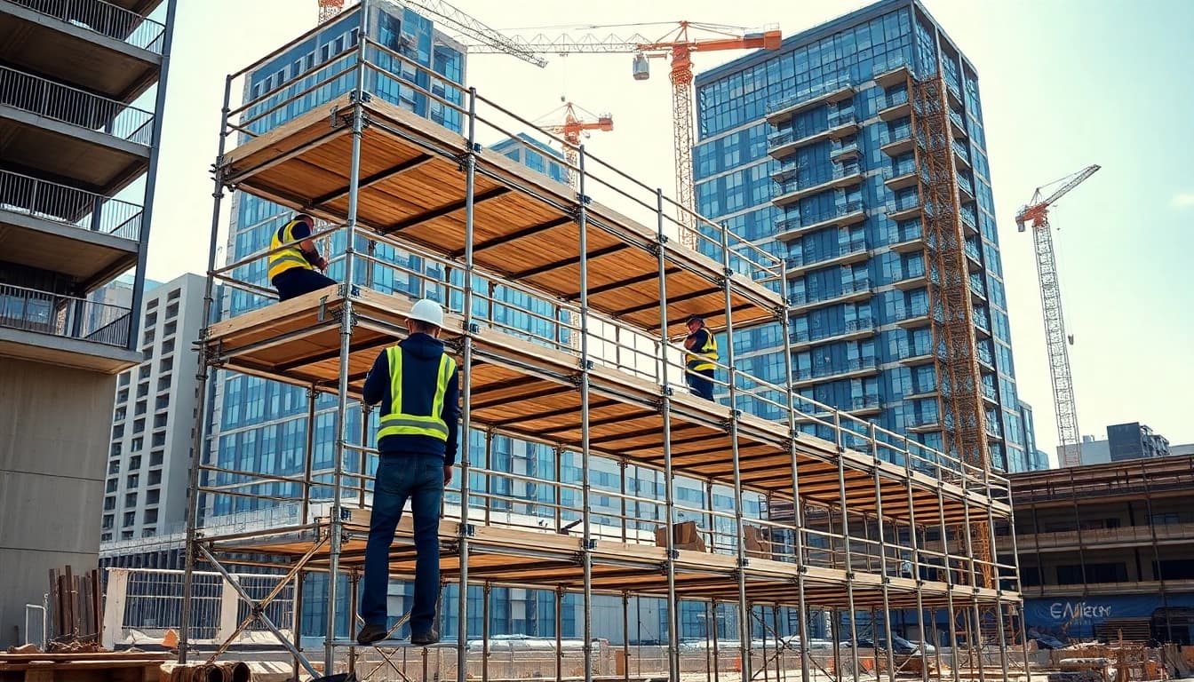 Attentive workers erecting scaffolding in Manchester to enhance safety at the construction site.