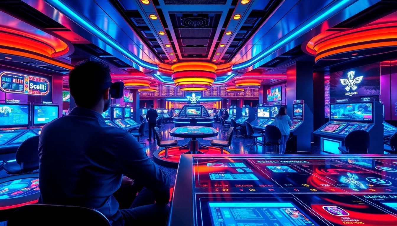 Experience New Technology in a modern casino featuring interactive gaming tables and holographic displays.