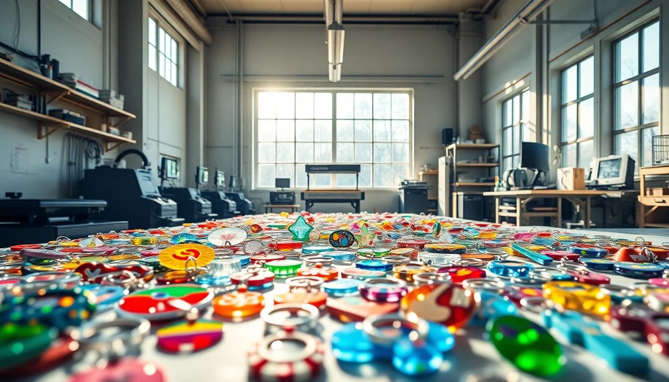 Acrylic keychain manufacturer showcasing a vibrant array of colorful custom keychains in a bright workspace.