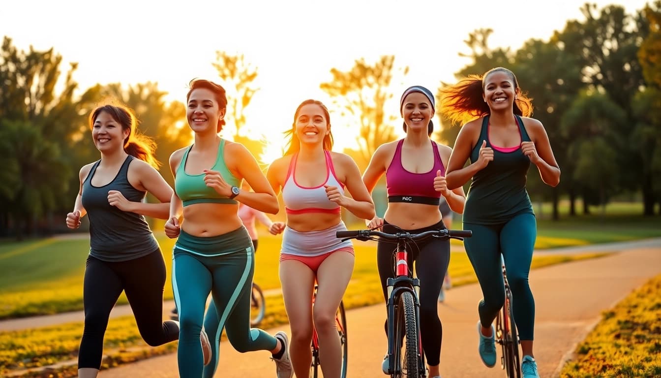Active individuals enjoying weight loss activities in a vibrant park scene.