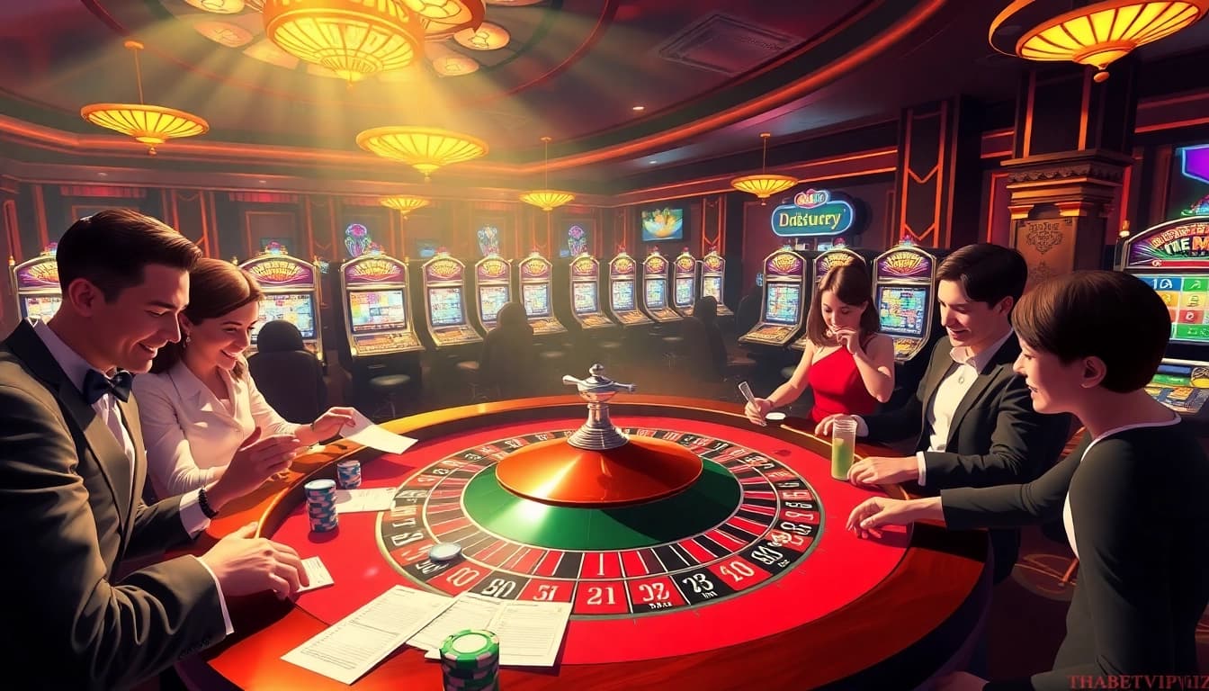Experience the thrill at https://thabetvip.biz/ with players celebrating wins at a vibrant roulette table.