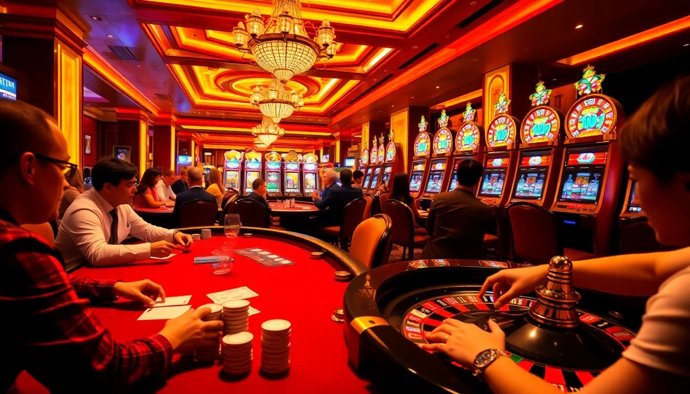 Experience the excitement of gambling at fb88nn.com with players engaged at a poker table and roulette wheel.