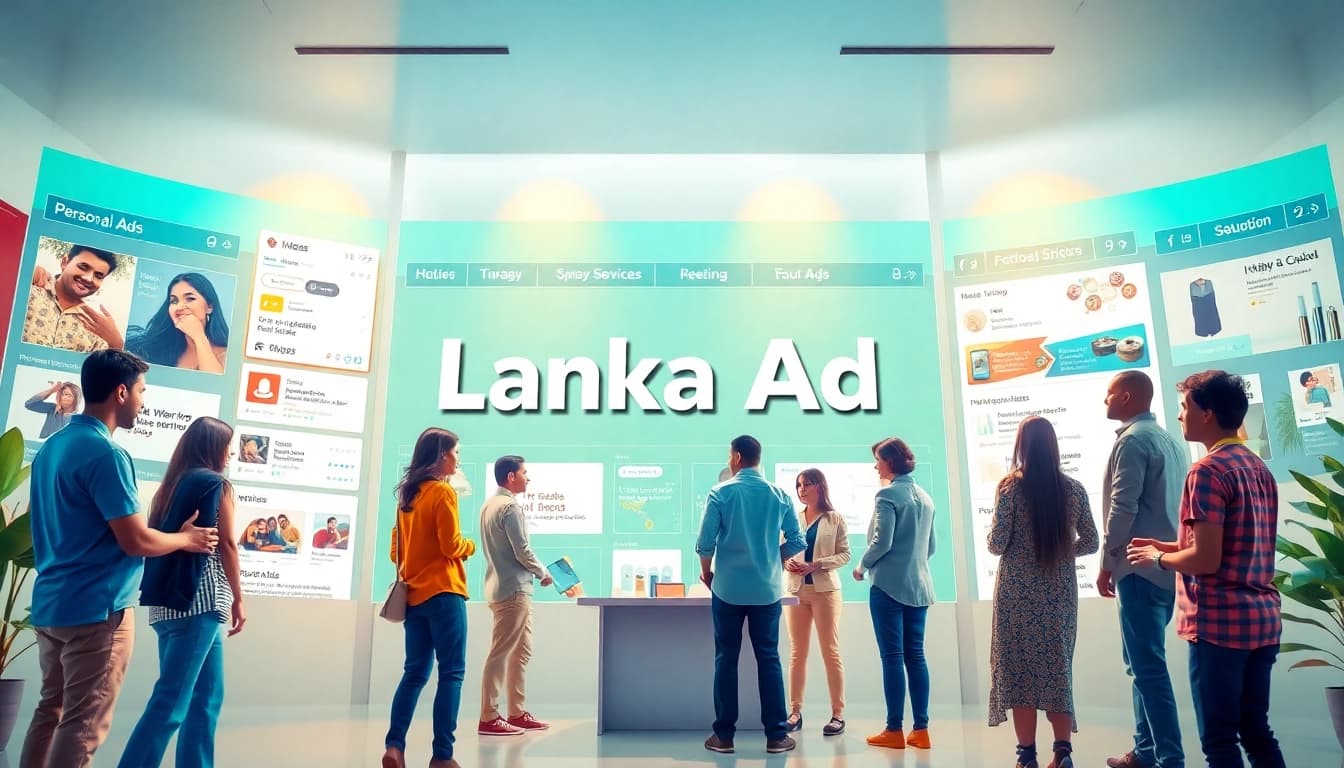 Lanka Ad platform showcasing diverse users engaging with ads in a vibrant digital interface.