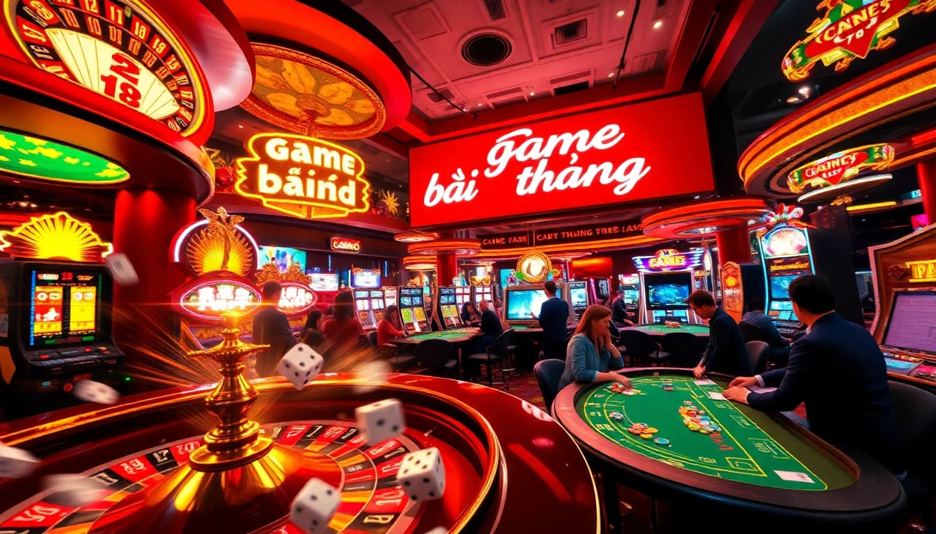 Experience the excitement of 'game bài đổi thưởng' in a lively casino setting featuring poker tables and slot machines.