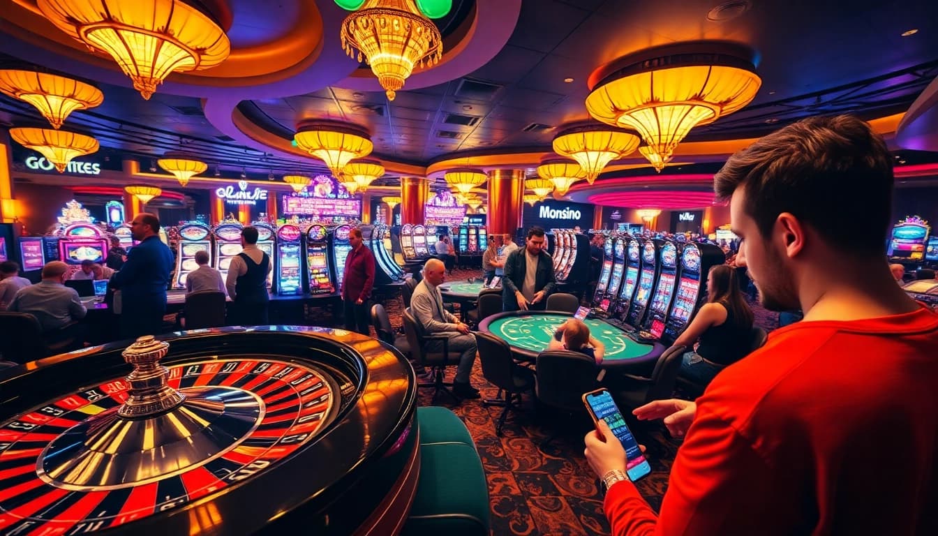 Monsino casino scene showcasing vibrant roulette and blackjack tables filled with excited players.
