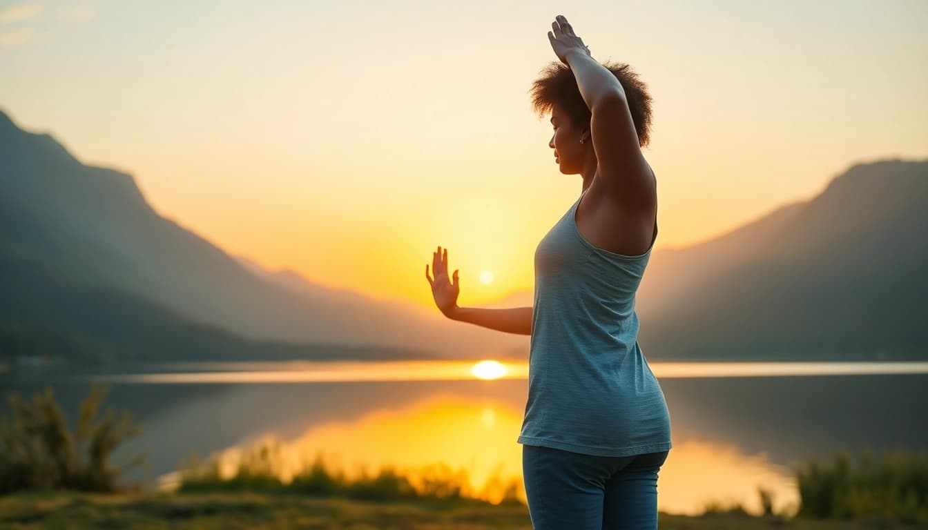 Individual practicing yoga at sunrise, symbolizing Weight Loss through mindfulness and health.