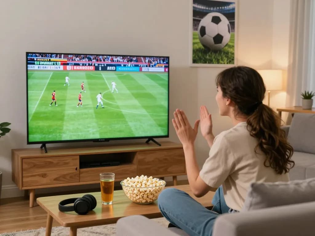 Exciting Cakhia football streaming scene with a fan enjoying a live match at home.