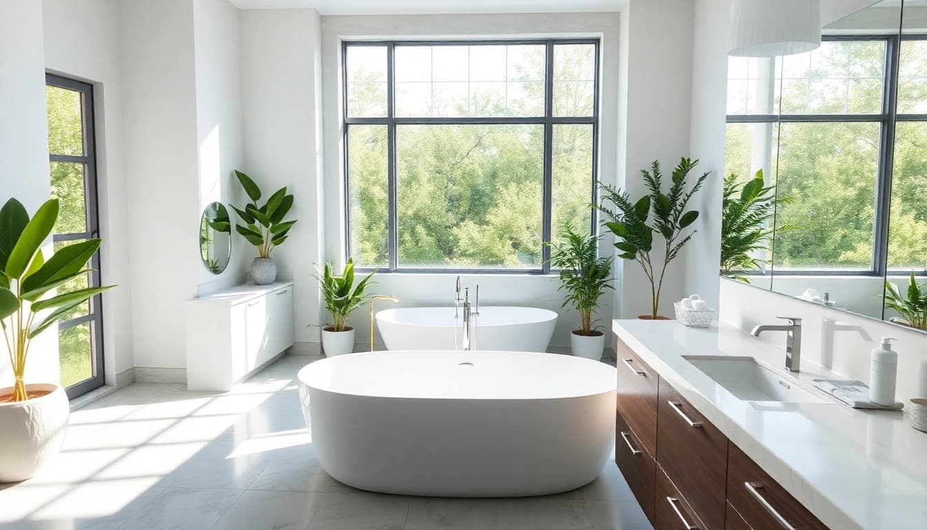 Luxurious bathroom designed by a professional bathroom remodeling contractor with freestanding tub and double sinks.