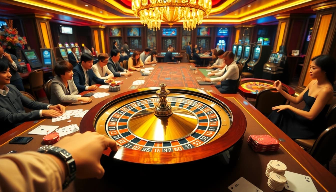 Players enjoying games at Nhà cái uy tín nhất Việt Nam, capturing the vibrant casino experience with roulette and poker action.