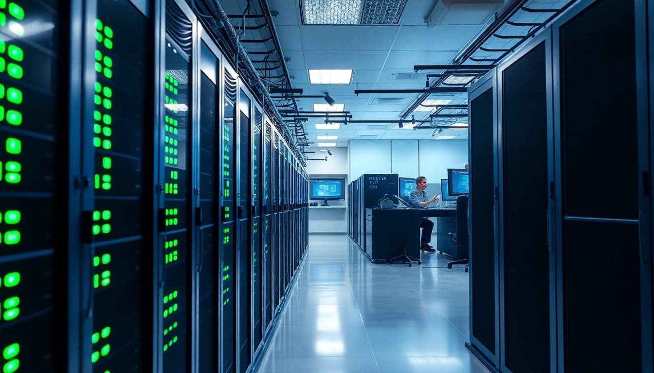 Exploring cheap colocation options in a modern data center with active server rows and expert technicians.
