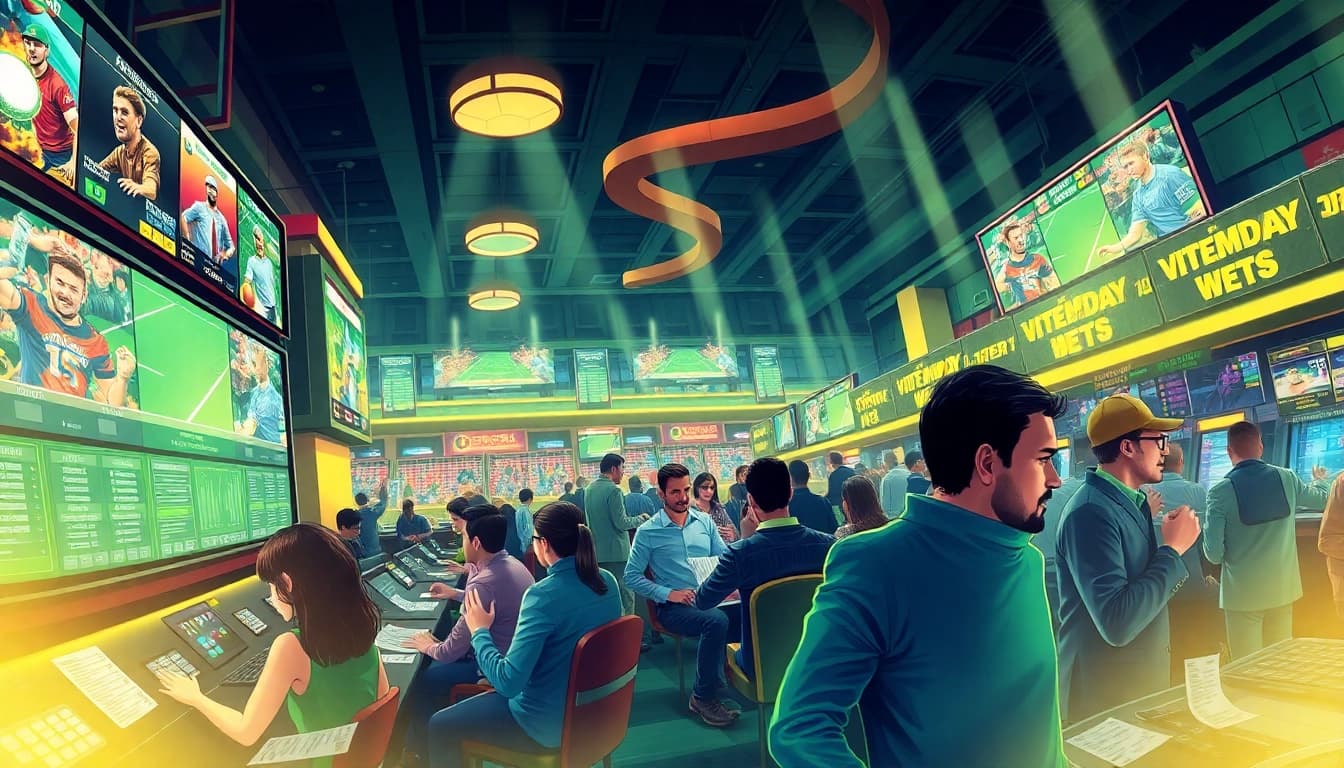 Capture the thrill of gambling at https://talkprep.org/ with bustling sports betting action and vibrant atmosphere.