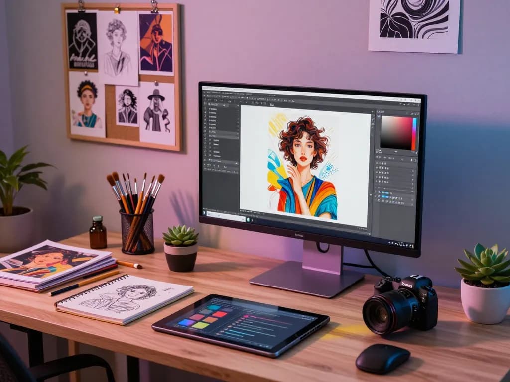 Artist using an image to prompt tool in a colorful creative studio environment to generate AI art.