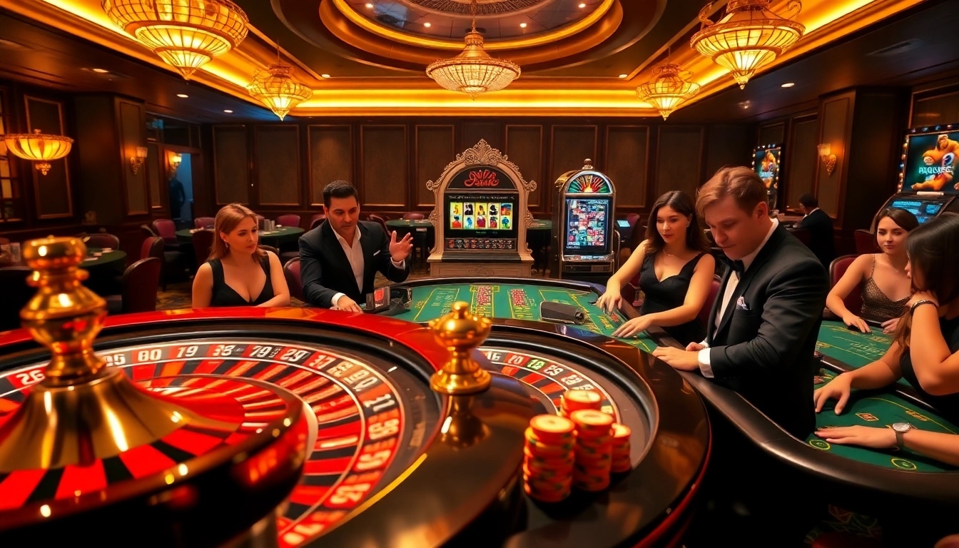 Fly88 casino scene with roulette wheel and lively table games showcasing excitement.