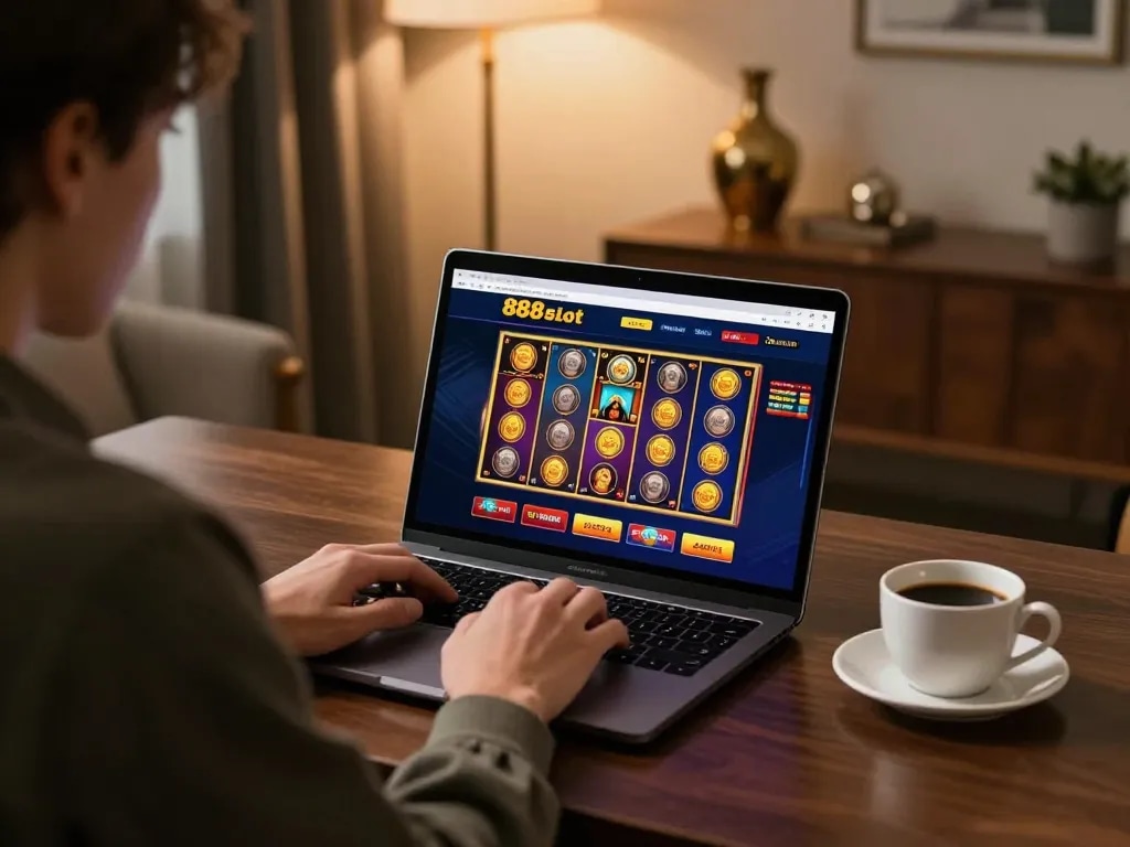 Engaging with the 888slot online casino interface showcasing vibrant games in a cozy home setting.