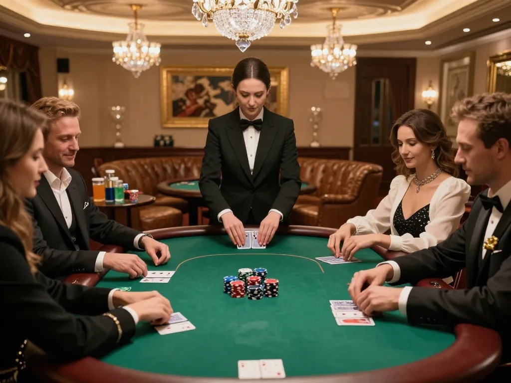 windd players strategizing bets at a luxurious VIP poker table with diamond chips