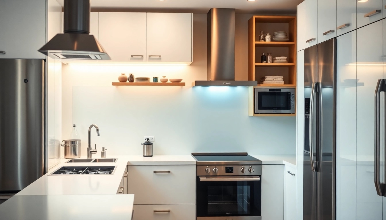 Showcase a modern kitchen with бяла техника appliances emphasizing sleek design and functionality.
