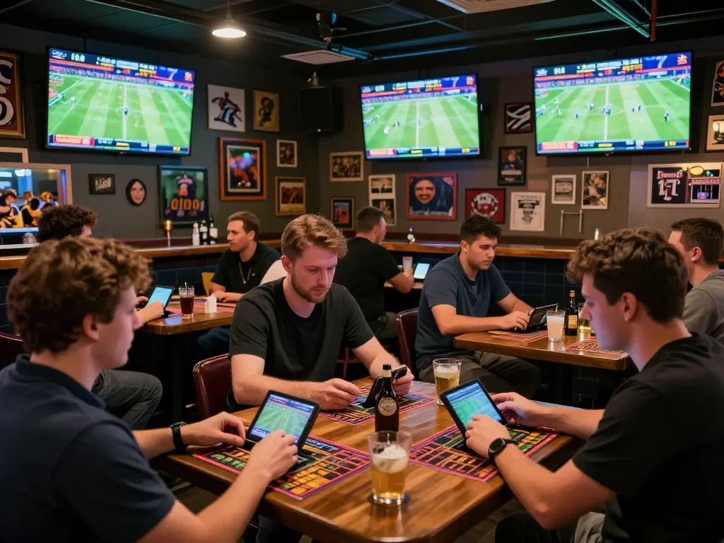 Sports enthusiasts actively betting on live games at s8inc.com, showcasing a vibrant sports bar atmosphere.