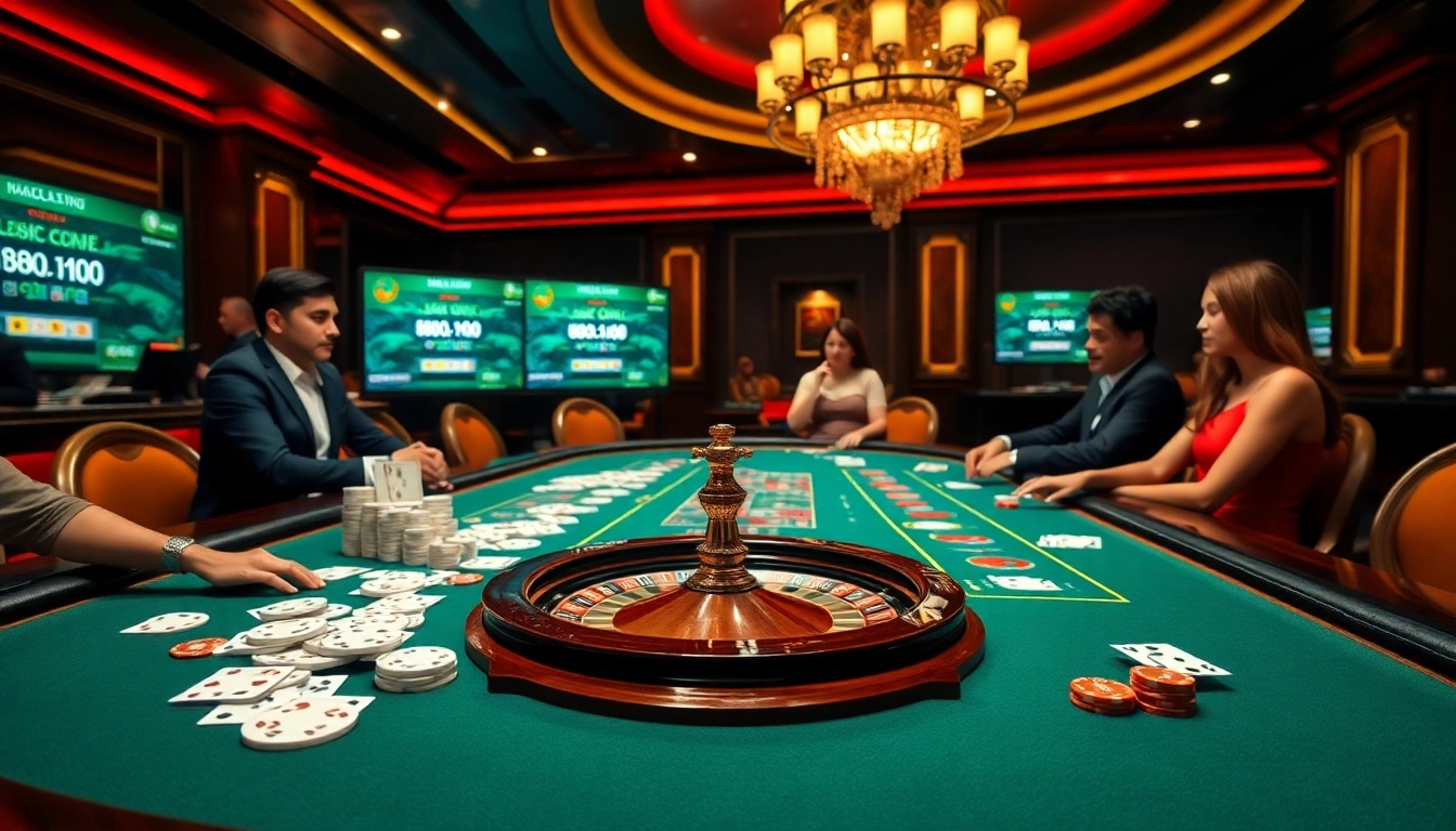 Experience the thrill of tỷ lệ kèo nhà cái at a vibrant casino table with poker chips and cards.