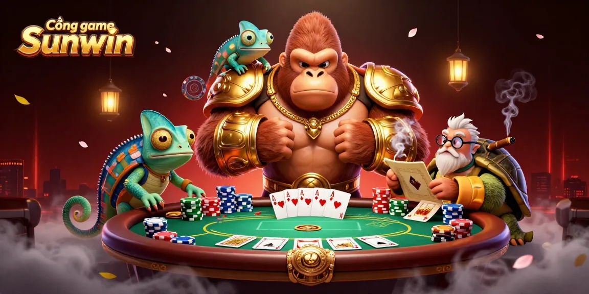 Engage with Cổng game Sunwin featuring a gorilla king in armor and colorful casino elements.