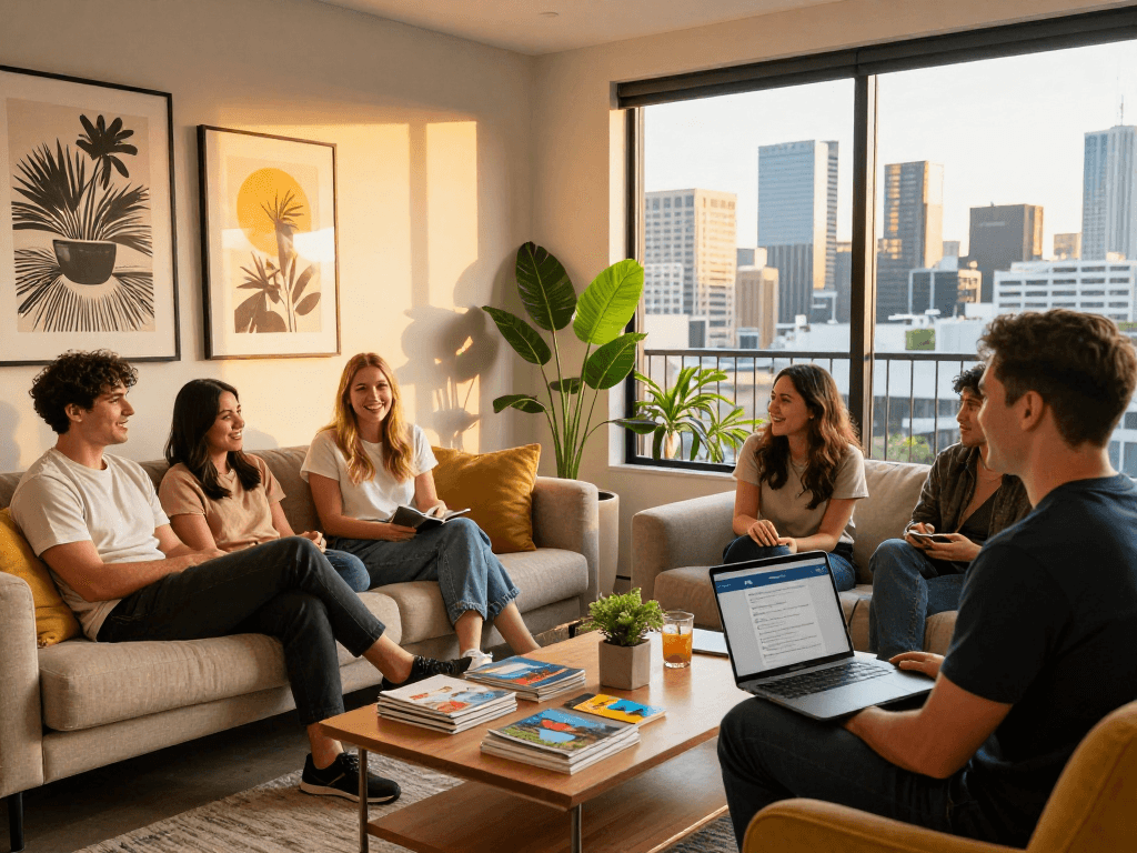 Engaging scene of airbnb management melbourne with a host welcoming guests in a stylish living room, highlighting vibrant city life.