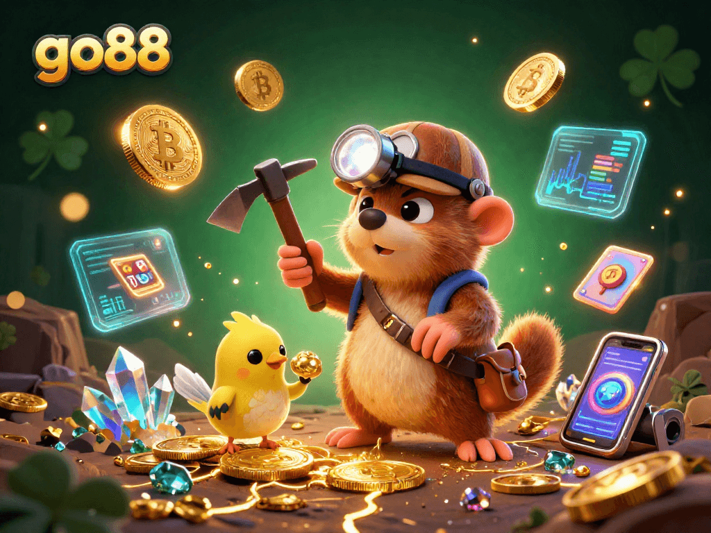 Engage with go88's vibrant casino scene featuring coins, slot reels, and a treasure-hunting mole.