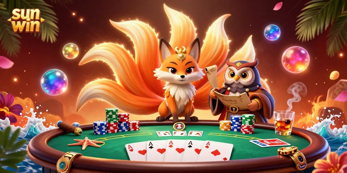 Win big with sun win at our exciting poker scene featuring a glowing nine-tailed fox.