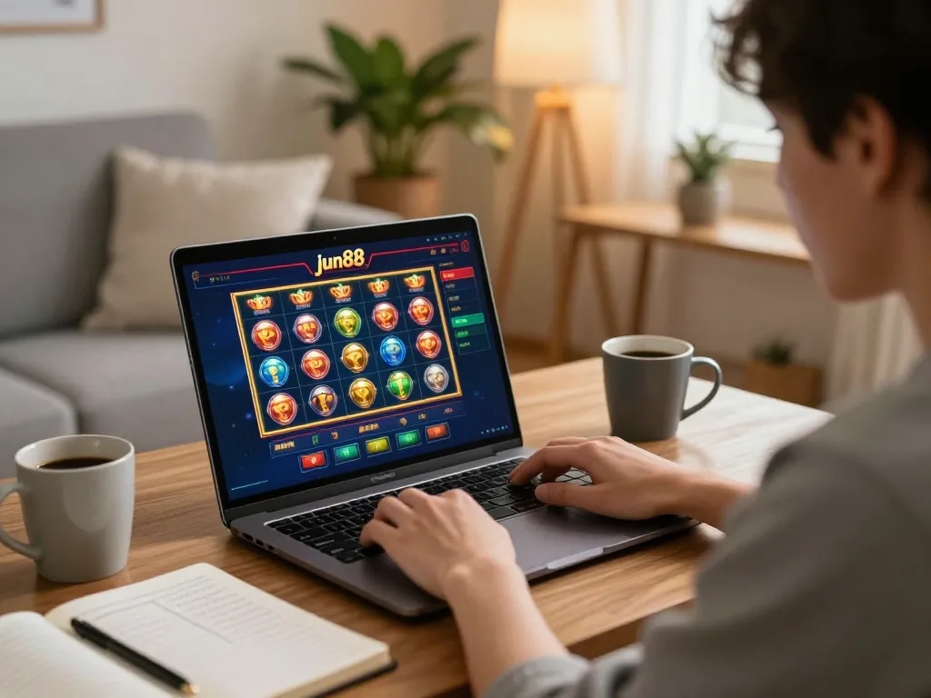 Player enjoying a strategic session of jun88 online slots on a cozy living room setup.