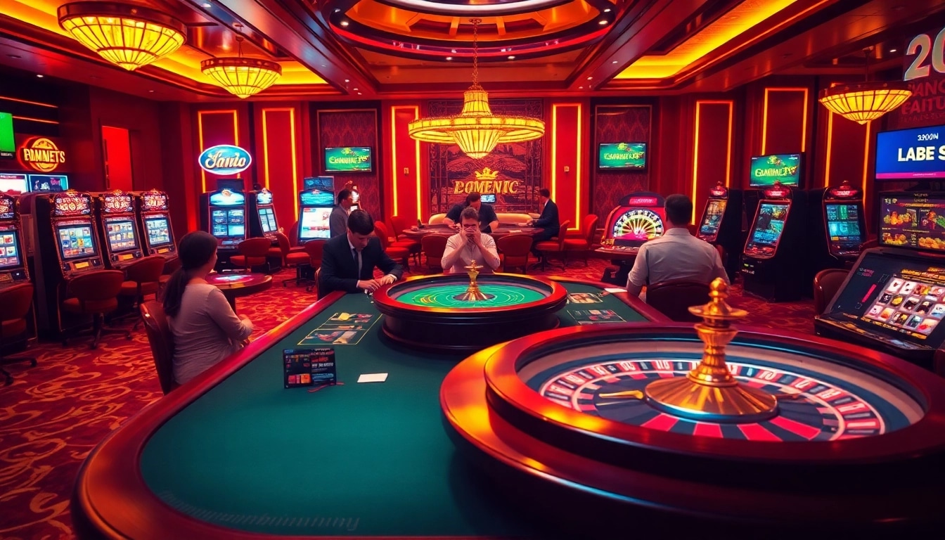Experience the excitement of betting at https://jun88pl.com/ with a luxurious casino atmosphere featuring vibrant tables and slot machines.