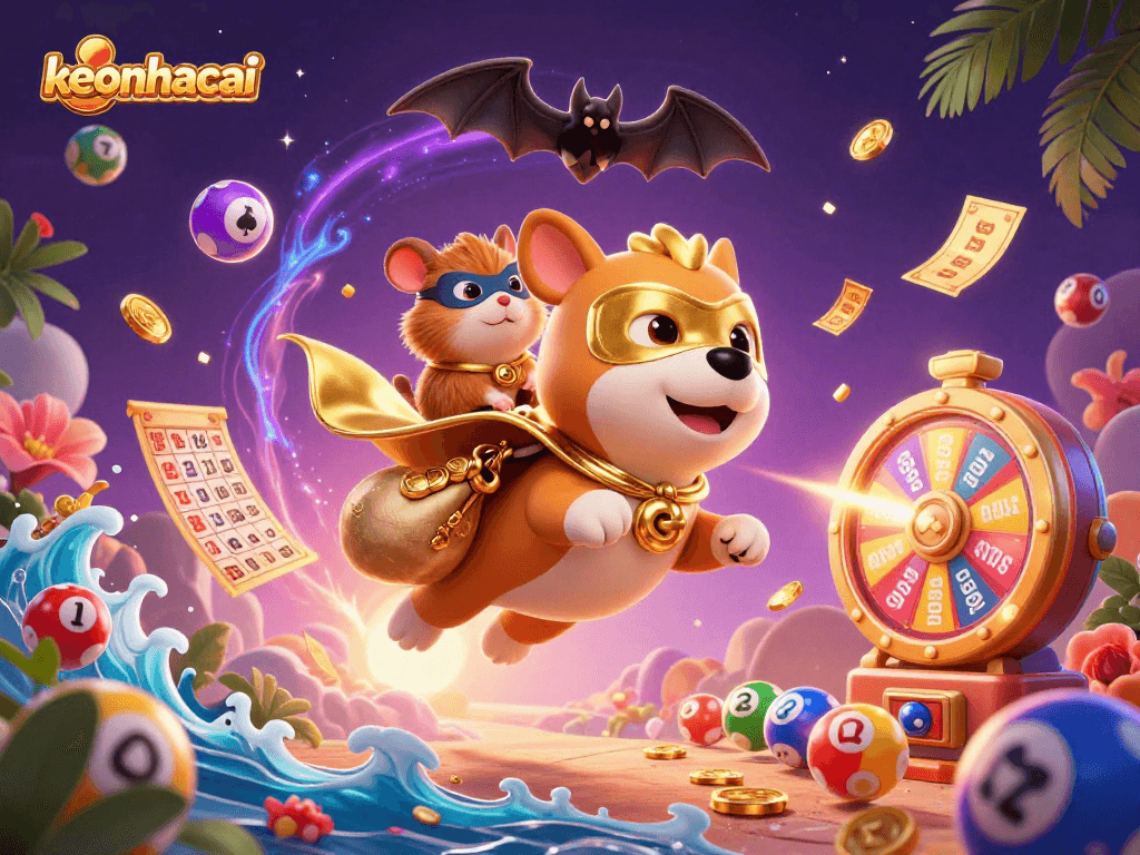 Join the adventure with keonhacai as the superhero dog and hamster fly through a vibrant casino world.