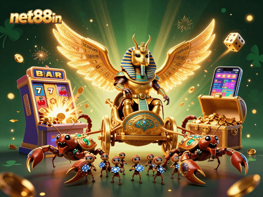 Spin the reels at net88in featuring an epic 3D golden scarab-themed jackpot scene!