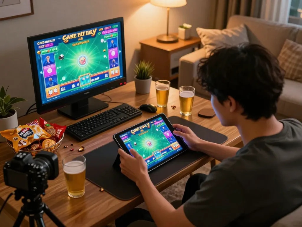 Engaged player enjoying Game tài xỉu on tablet during cozy home gaming night
