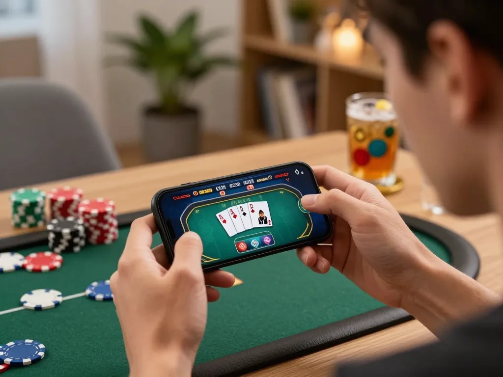 Engaged player mastering sc88 poker gameplay on smartphone in cozy home.