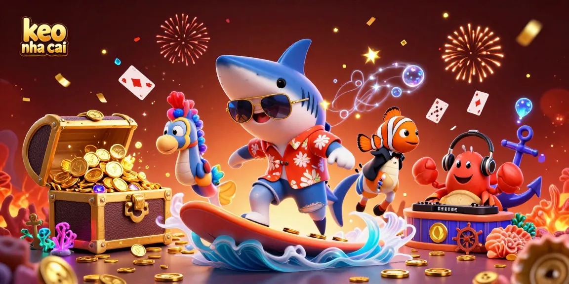 Experience the excitement of keo nha cai while celebrating on a wave of gold coins with vibrant beach-themed characters.