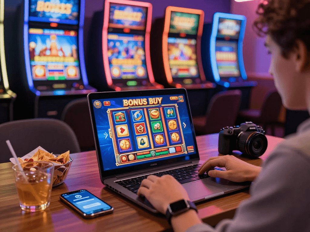 Engaged player exploring non gamstop casinos on laptop with vibrant slot games and cryptocurrency payment.