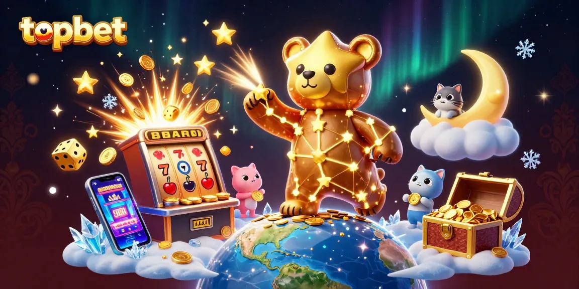 Topbet's immersive casino experience with vibrant illustrations of slots, dice, and golden treasures.