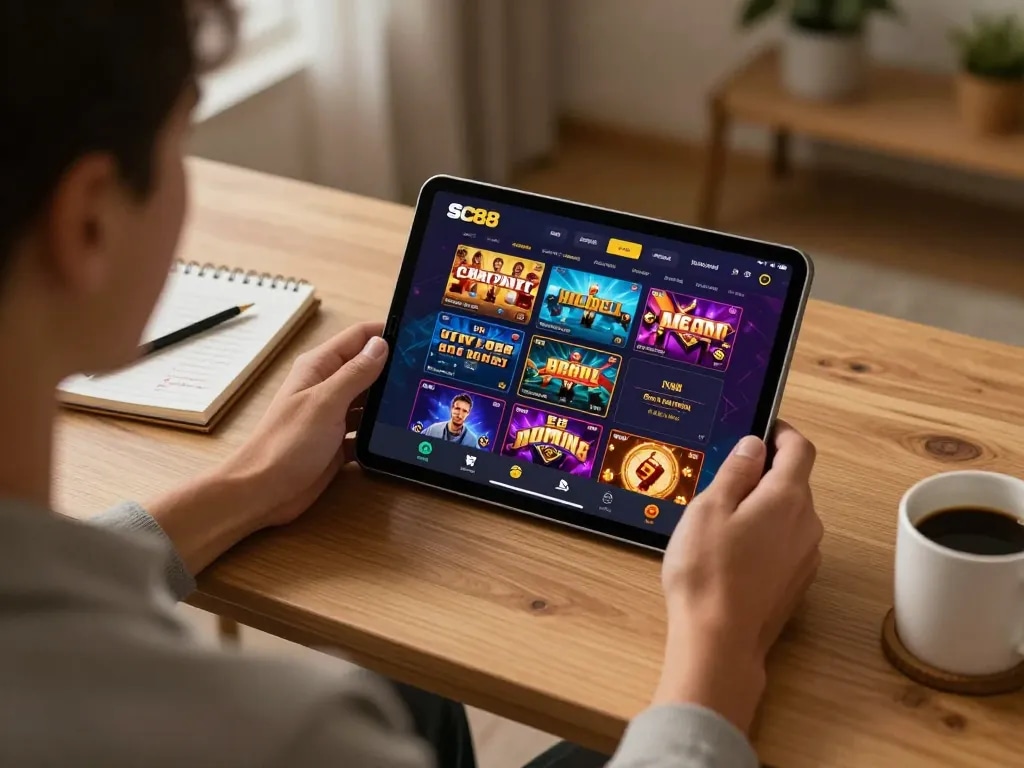 Player enjoying SC88 online betting app on tablet in a cozy home setting