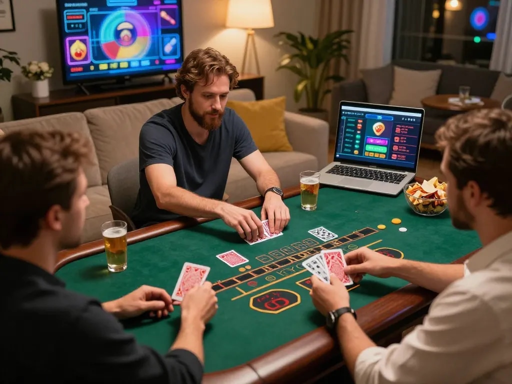 Players enjoying a lively open88 blackjack game in a cozy home setup with snacks and drinks.