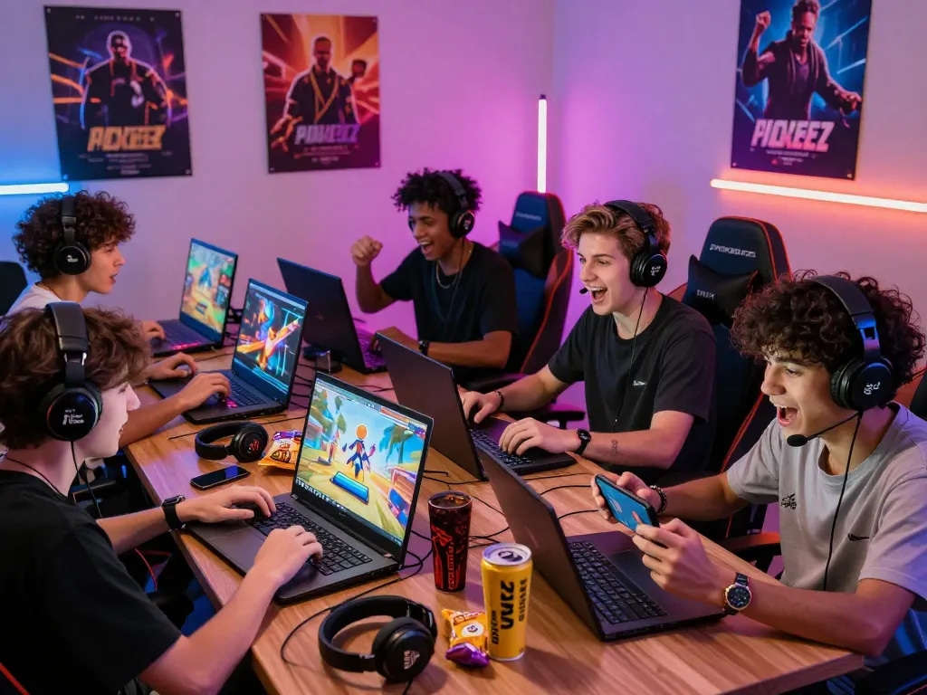 Engaging gaming scene with players enjoying sun win games on laptops and smartphones in a vibrant room.