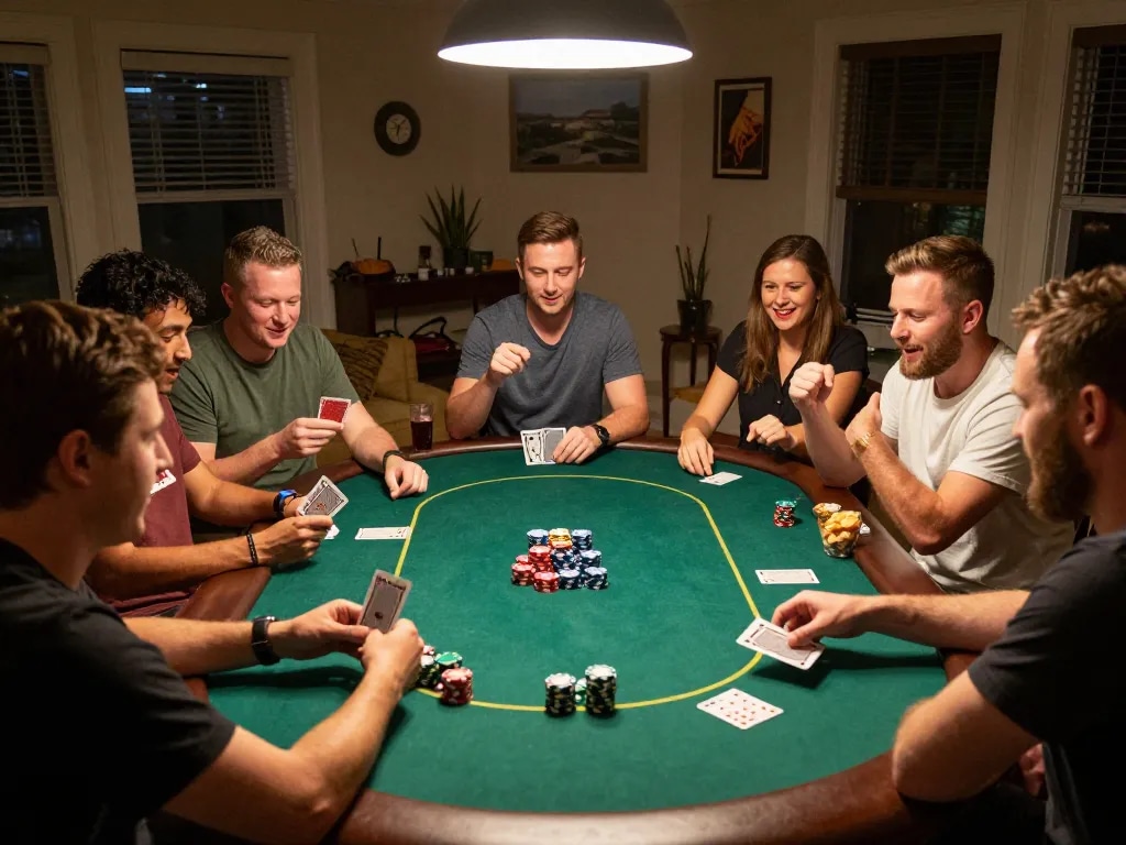 Exciting poker game night with friends enjoying strategic gameplay at home, featuring 888b