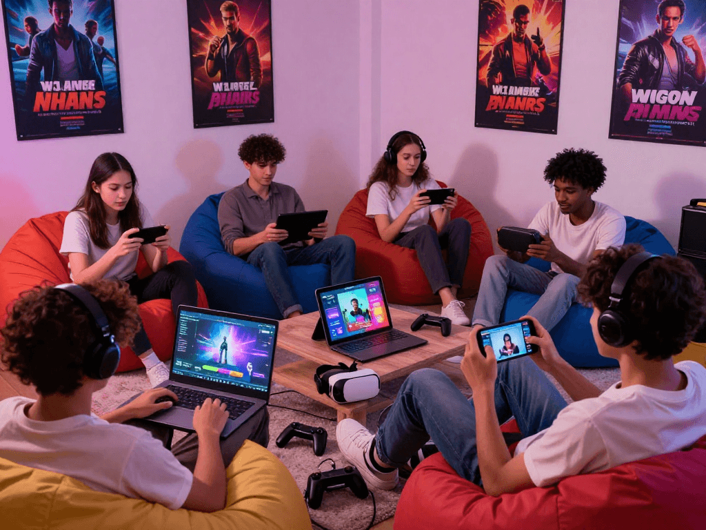 Engaging scene of players enjoying diverse porn games on various devices in a vibrant gaming atmosphere.
