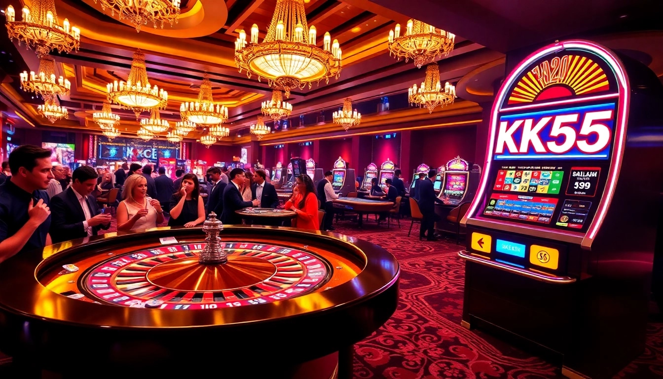 Players engaging at a roulette table with vibrant KK55 branding in a luxurious casino setting.