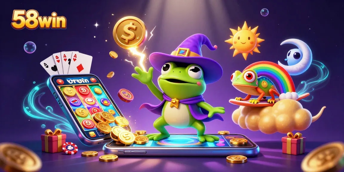 Experience exciting wins at 58win with vibrant slot games and golden coins raining in a magical casino scene.