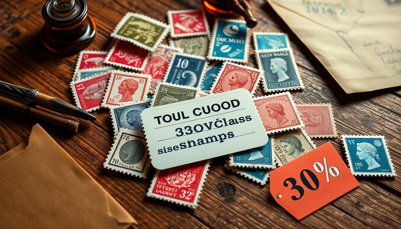 Explore a collection of discounted second class stamps showcasing vibrant designs on a wooden table.