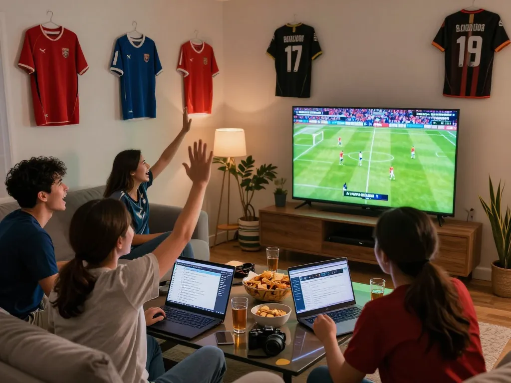 Excited friends enjoying Trực Tiếp Bóng Đá live football match in a cozy living room