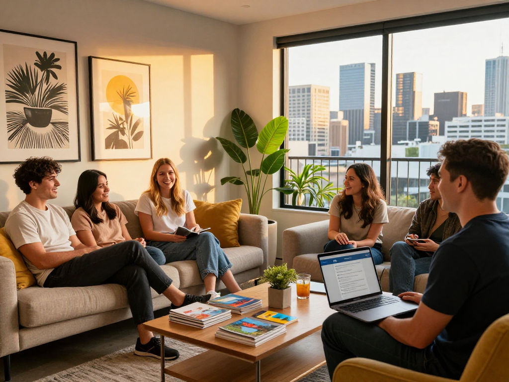Engaging scene of airbnb management melbourne with a host welcoming guests in a stylish living room, highlighting vibrant city life.