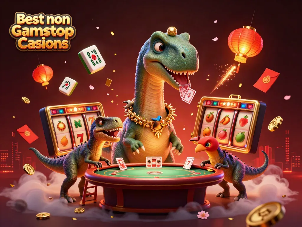 Experience the thrill at Best non Gamstop Casinos, where a playful brontosaurus oversees a lively poker scene.