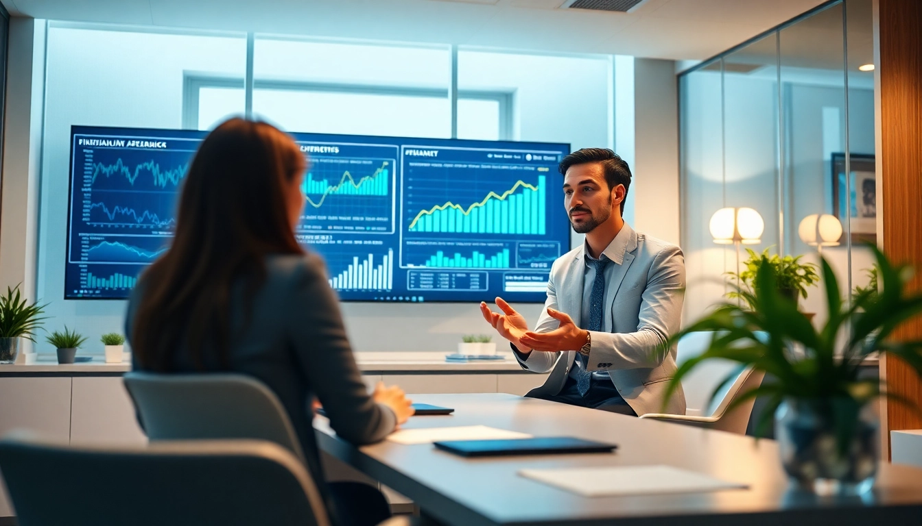 Scena di consulto in una clinica finanziaria, che incoraggia i clienti a Leggi di più sulle strategie finanziarie.